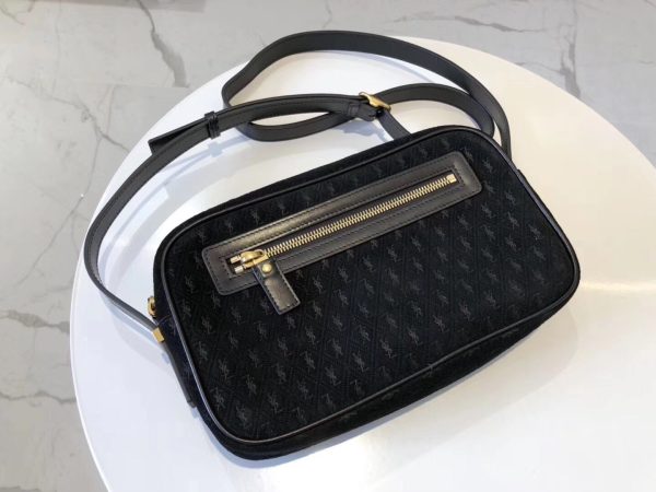 Saint Laurent Monogram All Over Camera Bag In Black Suede