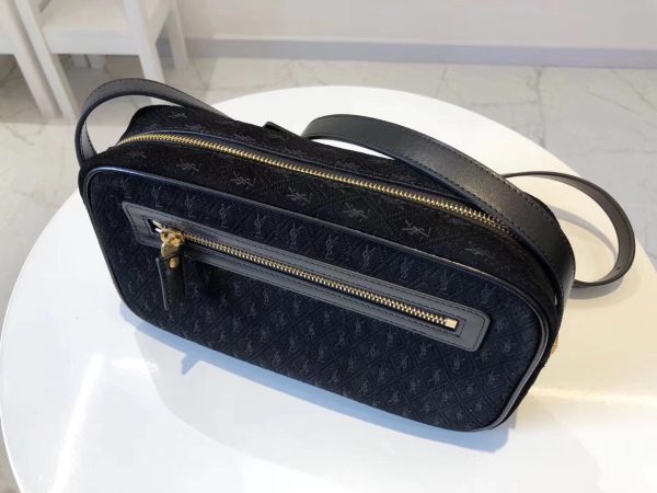 Saint Laurent Monogram All Over Camera Bag In Black Suede