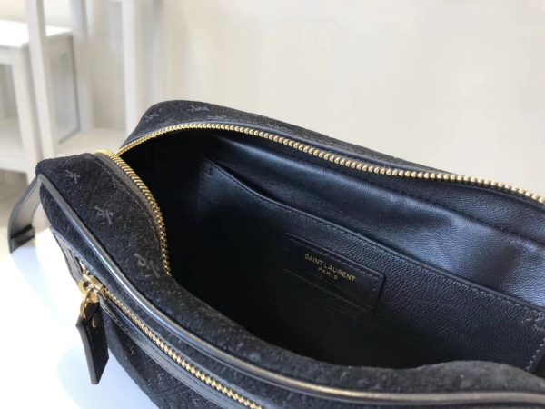 Saint Laurent Monogram All Over Camera Bag In Black Suede